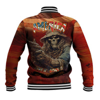 Multicolor varsity baseball jacket, back graphic with skull and text, striped ribbed hem