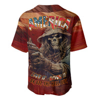 Back of red baseball jersey with AMERICA lettering, skull soldier, and love-it text