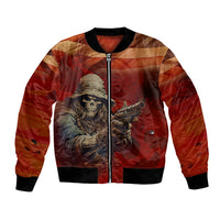 Multicolor bomber jacket with front zip, skull and soldier graphic, ribbed black cuffs