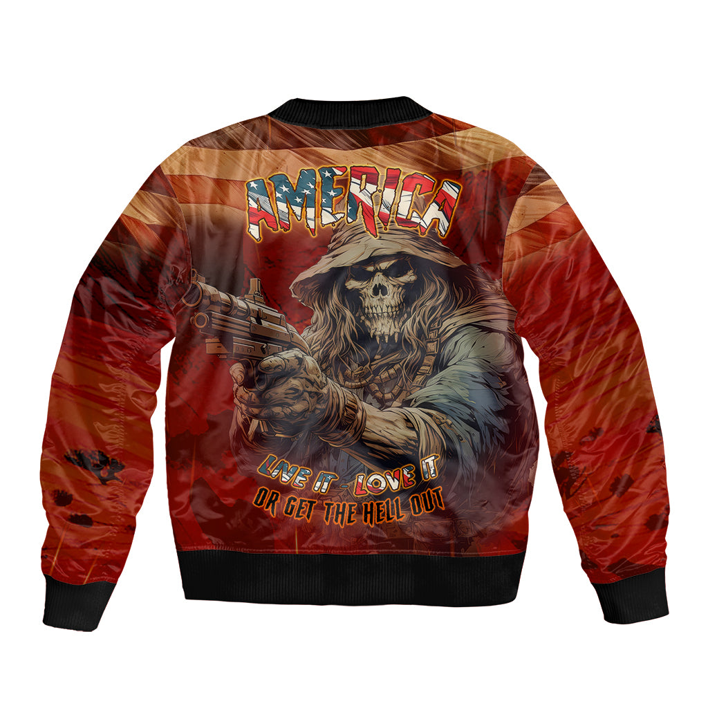 Multicolor bomber jacket with America back graphic, skull in hat, ribbed hem