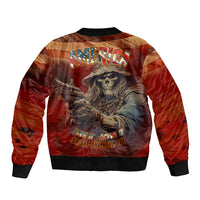 Multicolor bomber jacket with America back graphic, skull in hat, ribbed hem