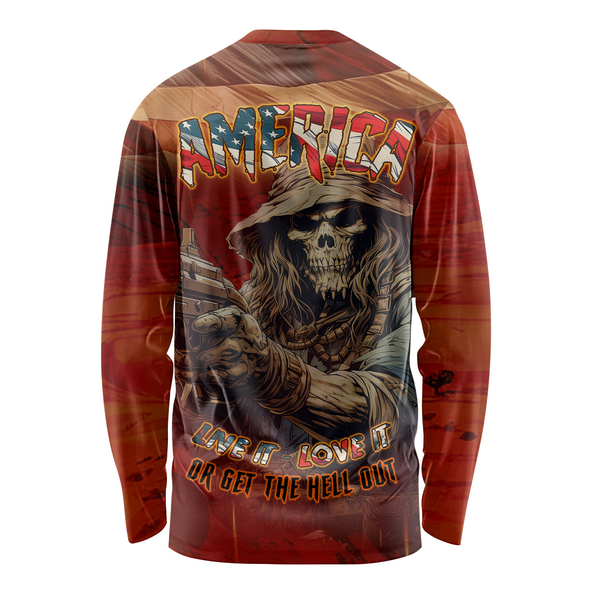 Unisex long-sleeve shirt, back text "LOVE IT OR GET THE HELL OUT" with skull