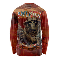 Unisex long-sleeve shirt, back text "LOVE IT OR GET THE HELL OUT" with skull