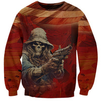 Unisex multicolor sweatshirt with front skull and gun graphic, crew neck, long sleeves