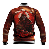 Red unisex baseball jacket with striped ribbed collar and skull graphic on back
