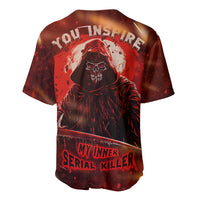 Red baseball jersey with hooded skull graphic and button-front V-neck, front view