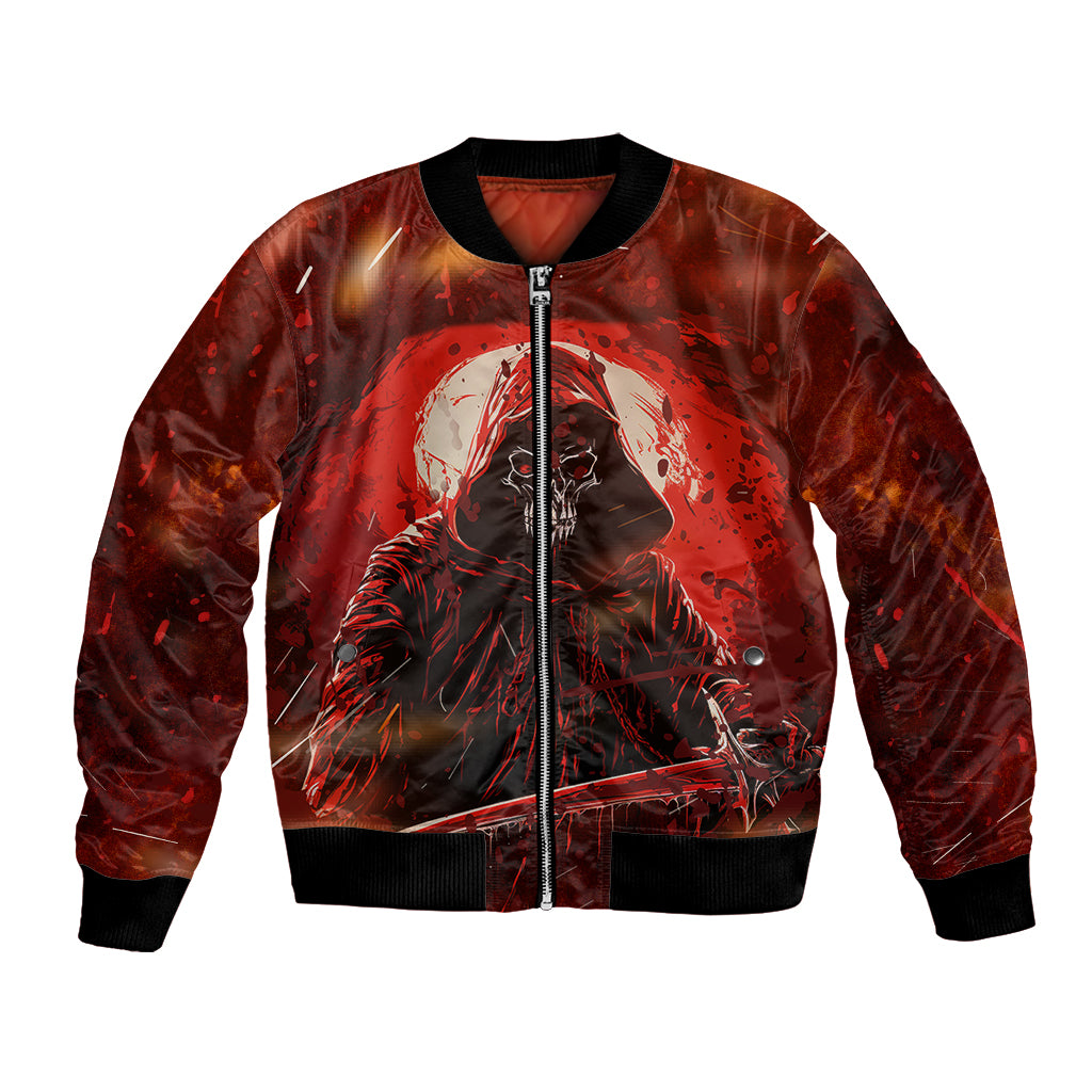Unisex red bomber jacket with front zipper, skull graphic, ribbed cuffs