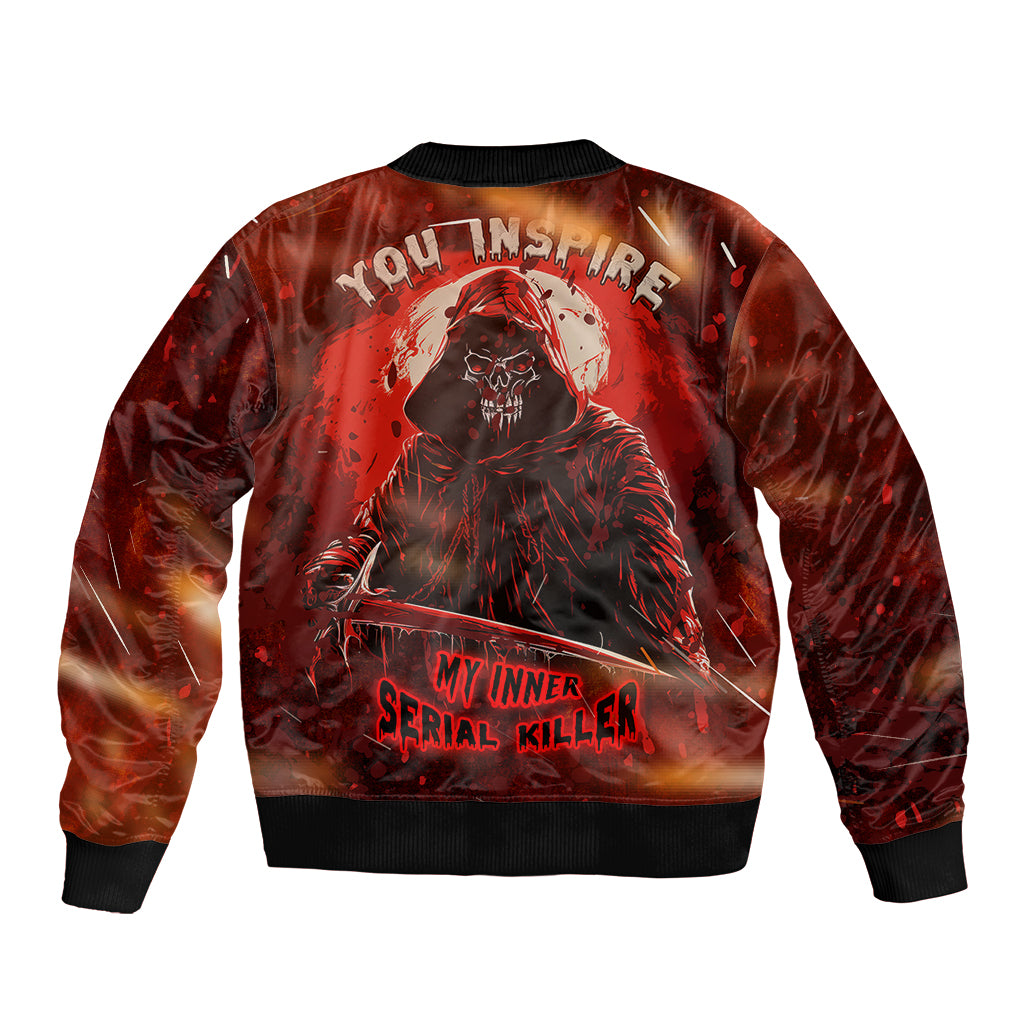 Unisex red bomber jacket with skull graphic and bold text, ribbed cuffs