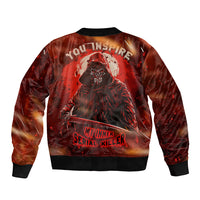 Unisex red bomber jacket with skull graphic and bold text, ribbed cuffs
