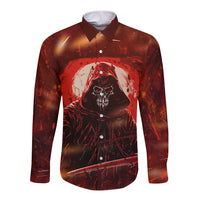Red long-sleeve button shirt with front print of hooded skull figure