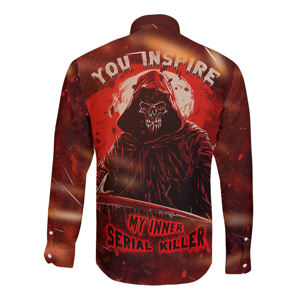Red long-sleeve button shirt with large back graphic of hooded skull figure