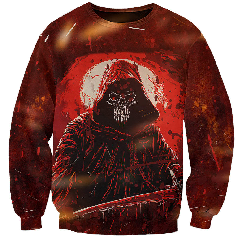 Unisex red hooded skull sweatshirt with large front skull graphic, crew neck