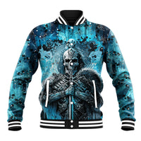 Unisex blue skull graphic baseball jacket, button-front with striped ribbed trim