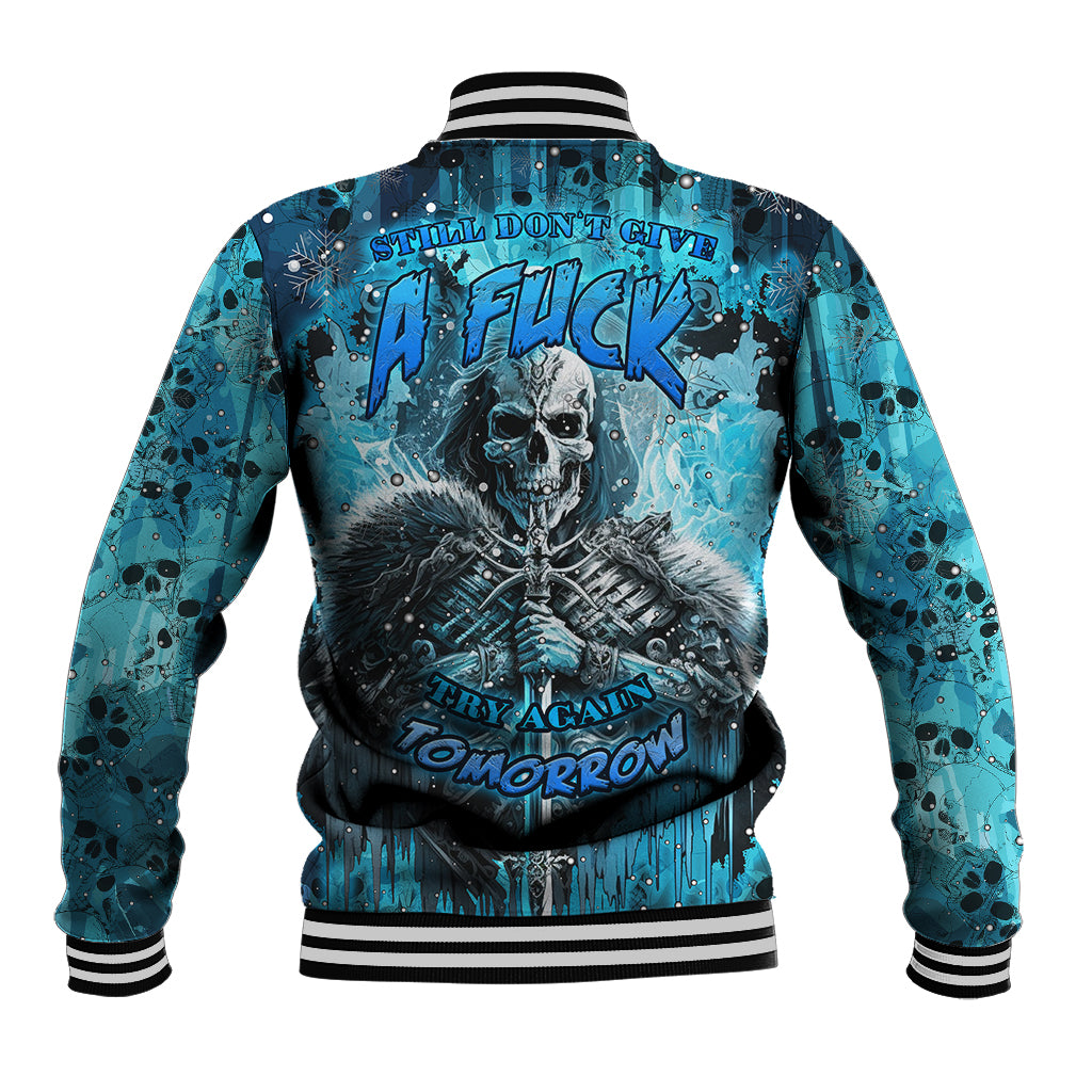 Unisex blue skull graphic baseball jacket, striped ribbed collar and cuffs