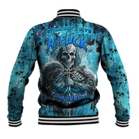 Unisex blue skull graphic baseball jacket, striped ribbed collar and cuffs