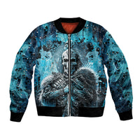 Skull graphic bomber jacket, blue with full zipper and ribbed cuffs and hem