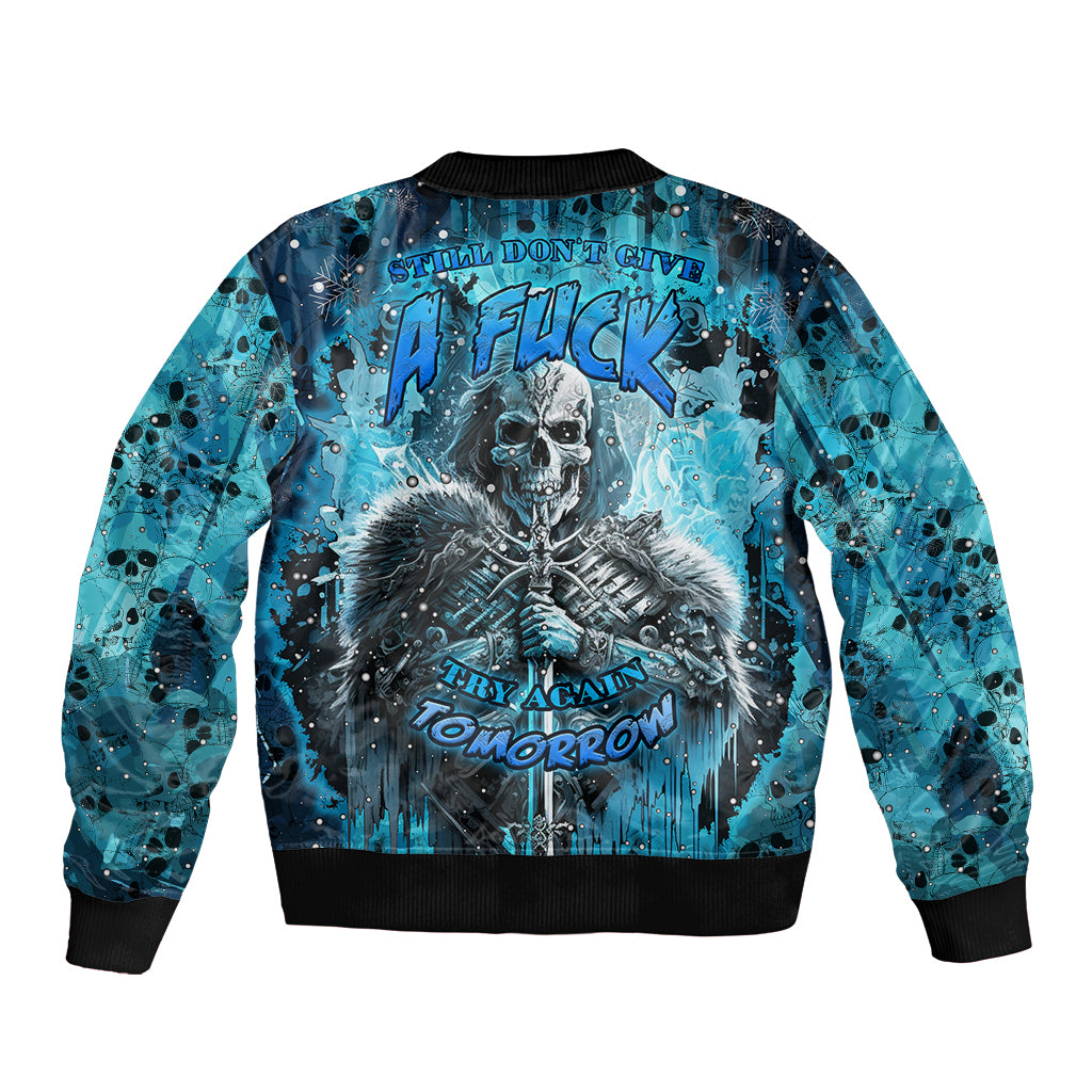 Skull graphic bomber jacket, blue and black with ribbed cuffs and waistband
