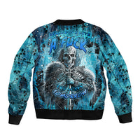 Skull graphic bomber jacket, blue and black with ribbed cuffs and waistband