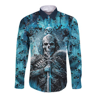 Blue long-sleeve button shirt with centered skull artwork and ribcage details