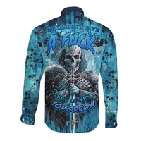 Blue long-sleeve button shirt with skull graphic and “Try Again Tomorrow” slogan