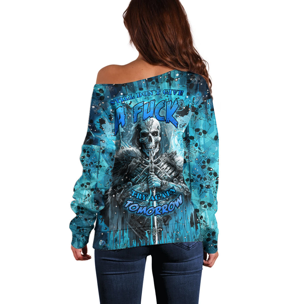 Skull Off Shoulder Sweater Try Again Tomorrow - Wonder Print Shop