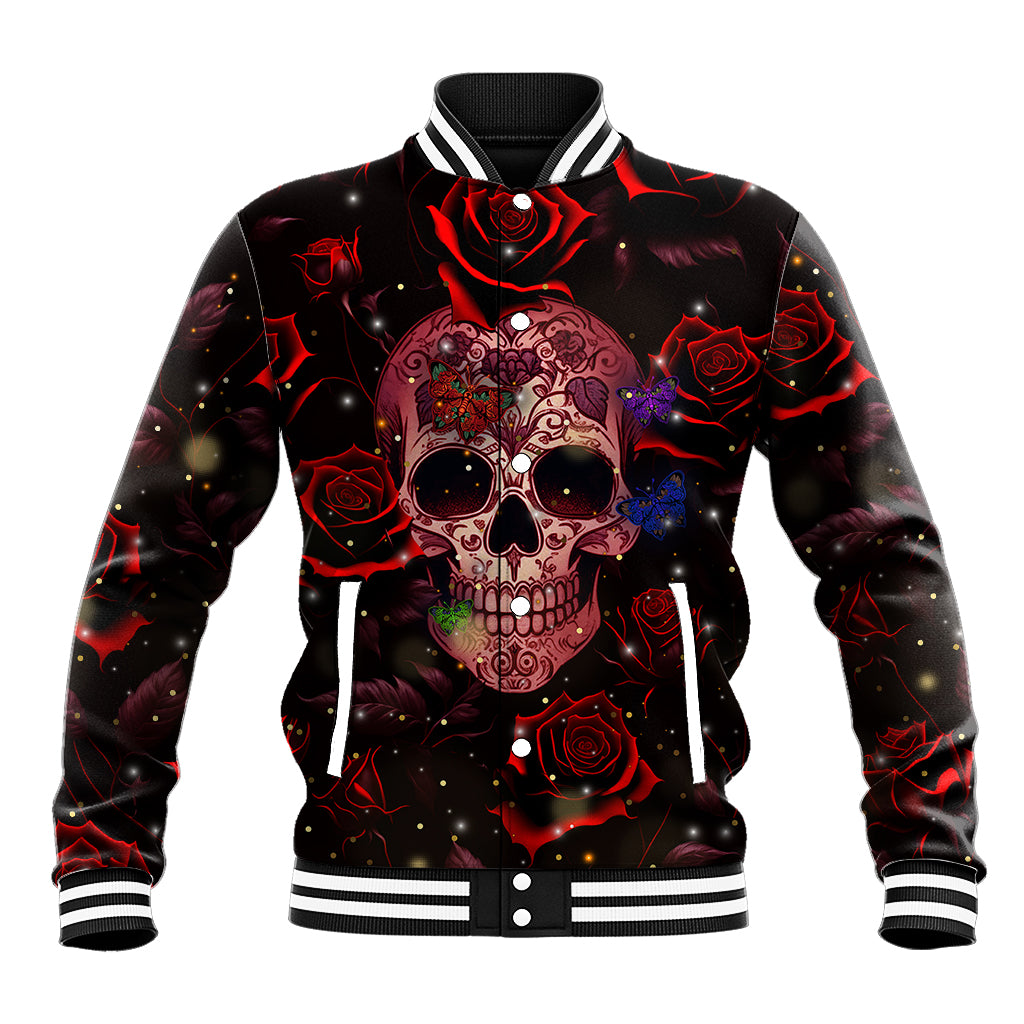 Red and black skull rose baseball jacket with striped collar, snap front, ribbed cuffs