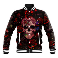 Red and black skull rose baseball jacket with striped collar, snap front, ribbed cuffs
