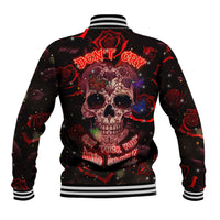 Red and black skull graphic baseball jacket with ribbed striped collar and cuffs