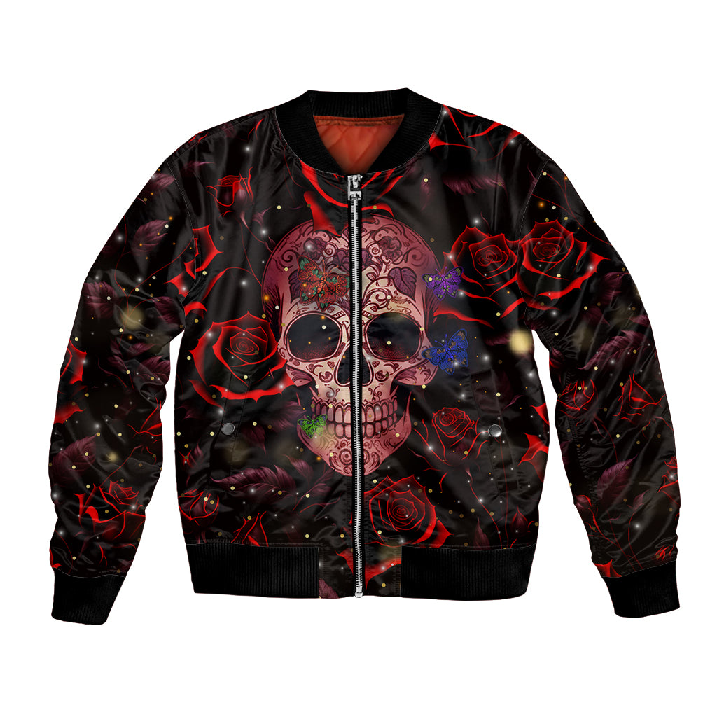 Red and black skull bomber jacket with rose graphic, front zipper, ribbed cuffs