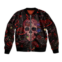 Red and black skull bomber jacket with rose graphic, front zipper, ribbed cuffs