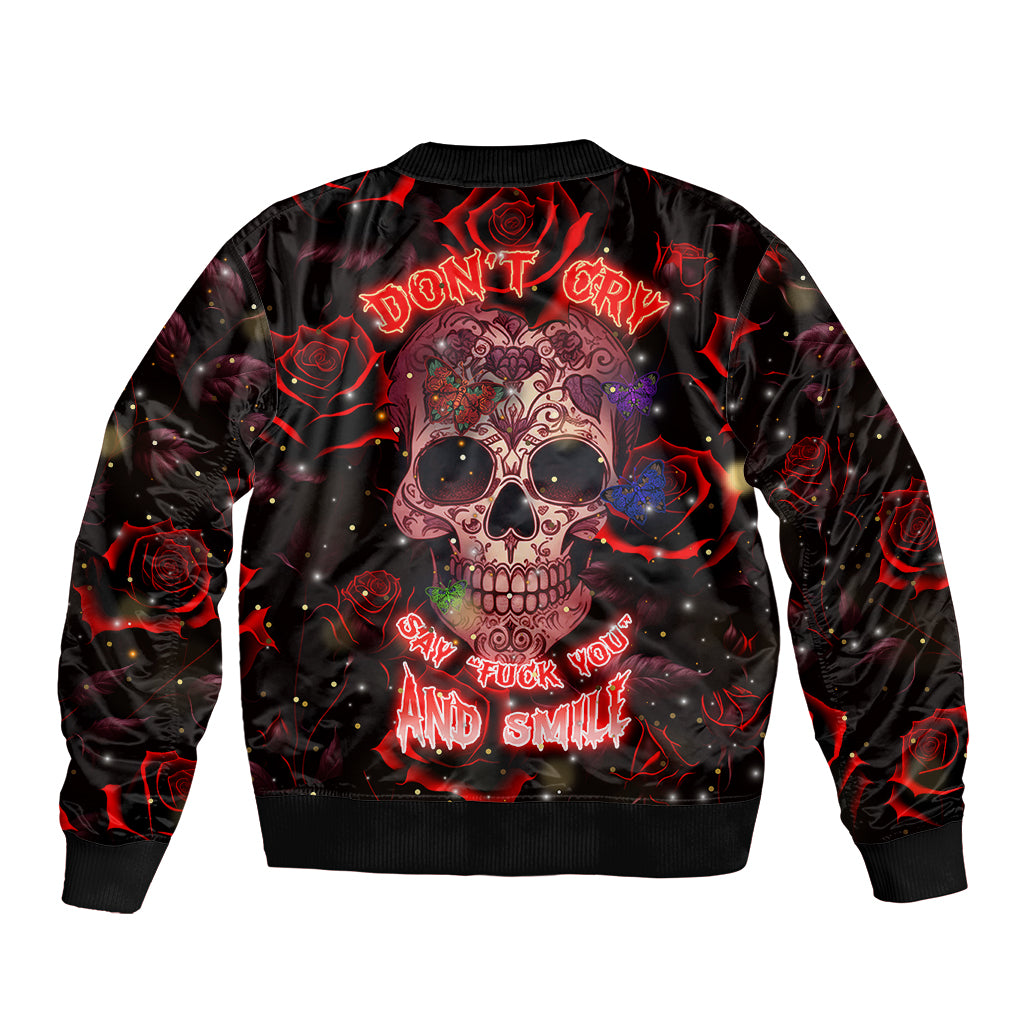 Red and black skull bomber jacket with rose graphic and bold text on front