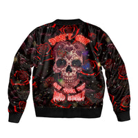 Red and black skull bomber jacket with rose graphic and bold text on front