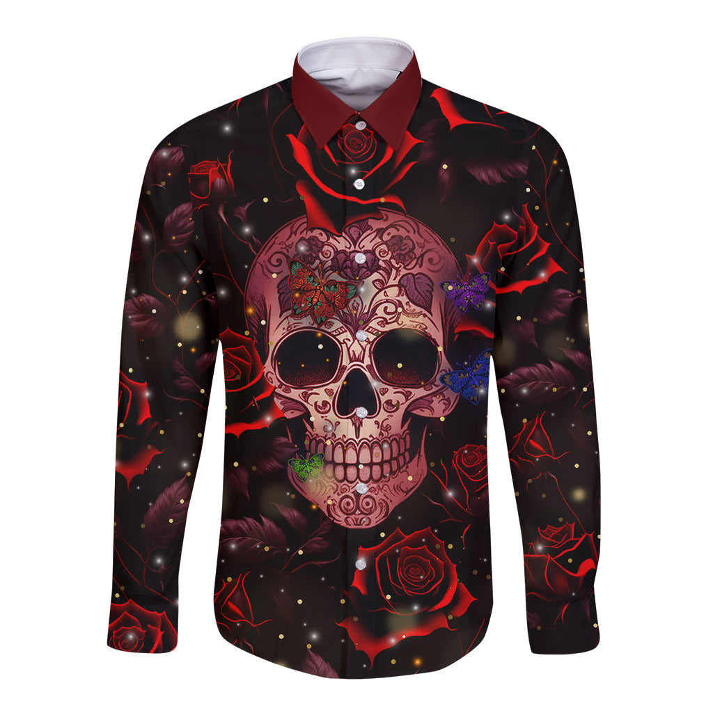 Long-sleeve button shirt with colorful sugar skull and roses
