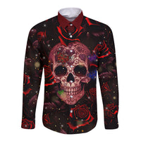 Long-sleeve button shirt with colorful sugar skull and roses