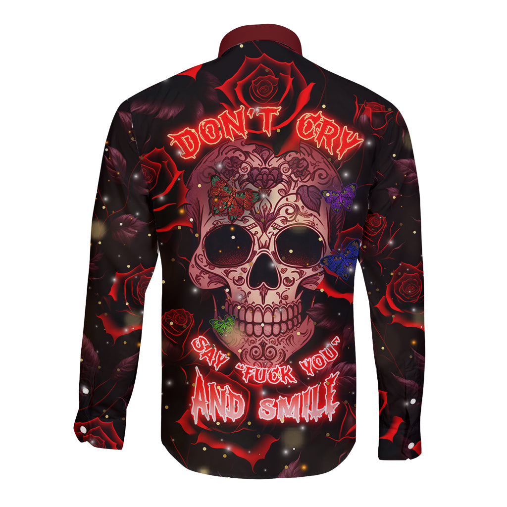 Long-sleeve button shirt with skull graphic and DON'T CRY lettering