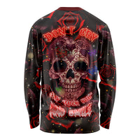 Unisex long-sleeve T-shirt with red skull and rose graphics on dark fabric