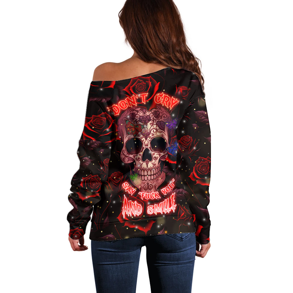 Don't Cry Skull Off Shoulder Sweater - Wonder Print Shop