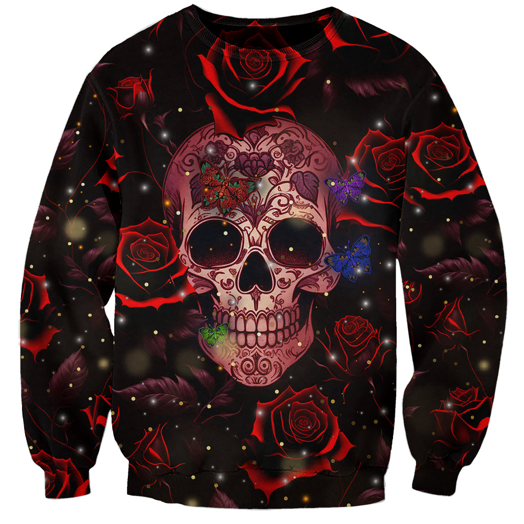 Unisex dark skull graphic sweatshirt with red roses and skull face front
