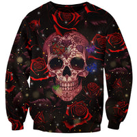 Unisex dark skull graphic sweatshirt with red roses and skull face front
