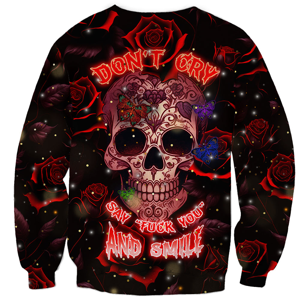 Unisex dark skull graphic sweatshirt with red roses and neon lettering