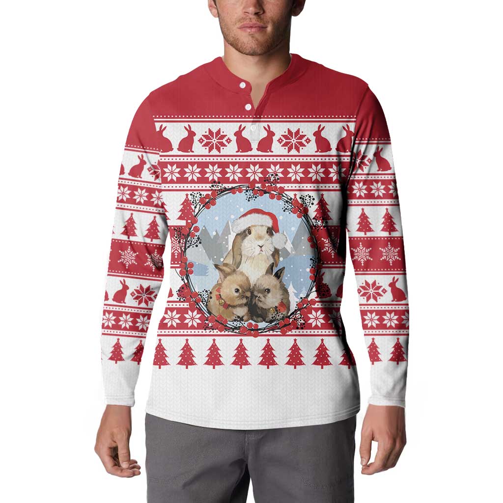 Christmas Santa Bunny Rabbits Button Sweatshirt Red White Tree Snowflake Pattern - Wonder Print Shop