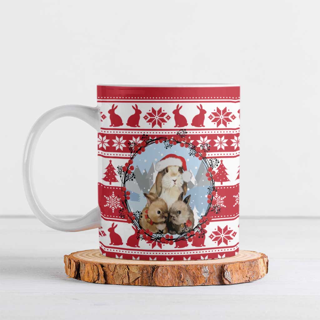 Christmas Santa Bunny Rabbits Ceramic Mug Red White Tree Snowflake Pattern - Wonder Print Shop