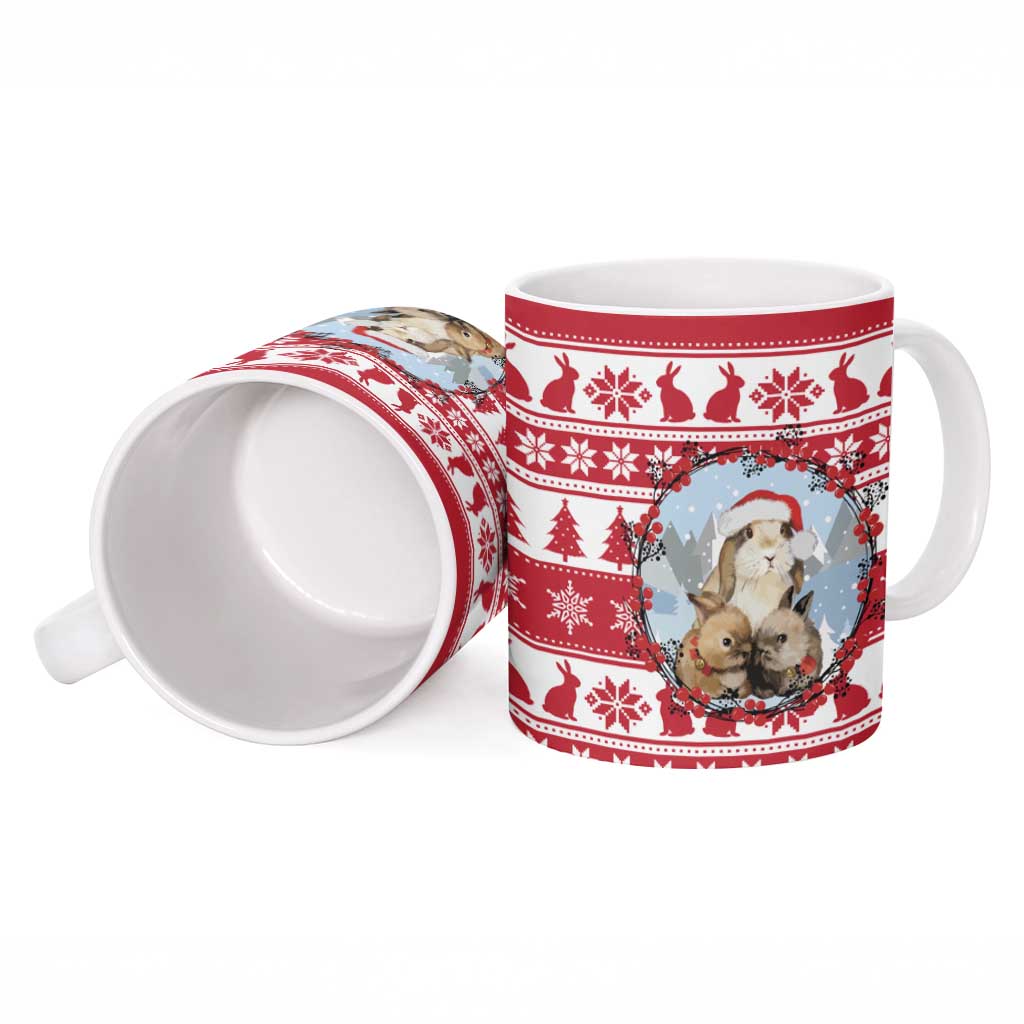 Christmas Santa Bunny Rabbits Ceramic Mug Red White Tree Snowflake Pattern - Wonder Print Shop