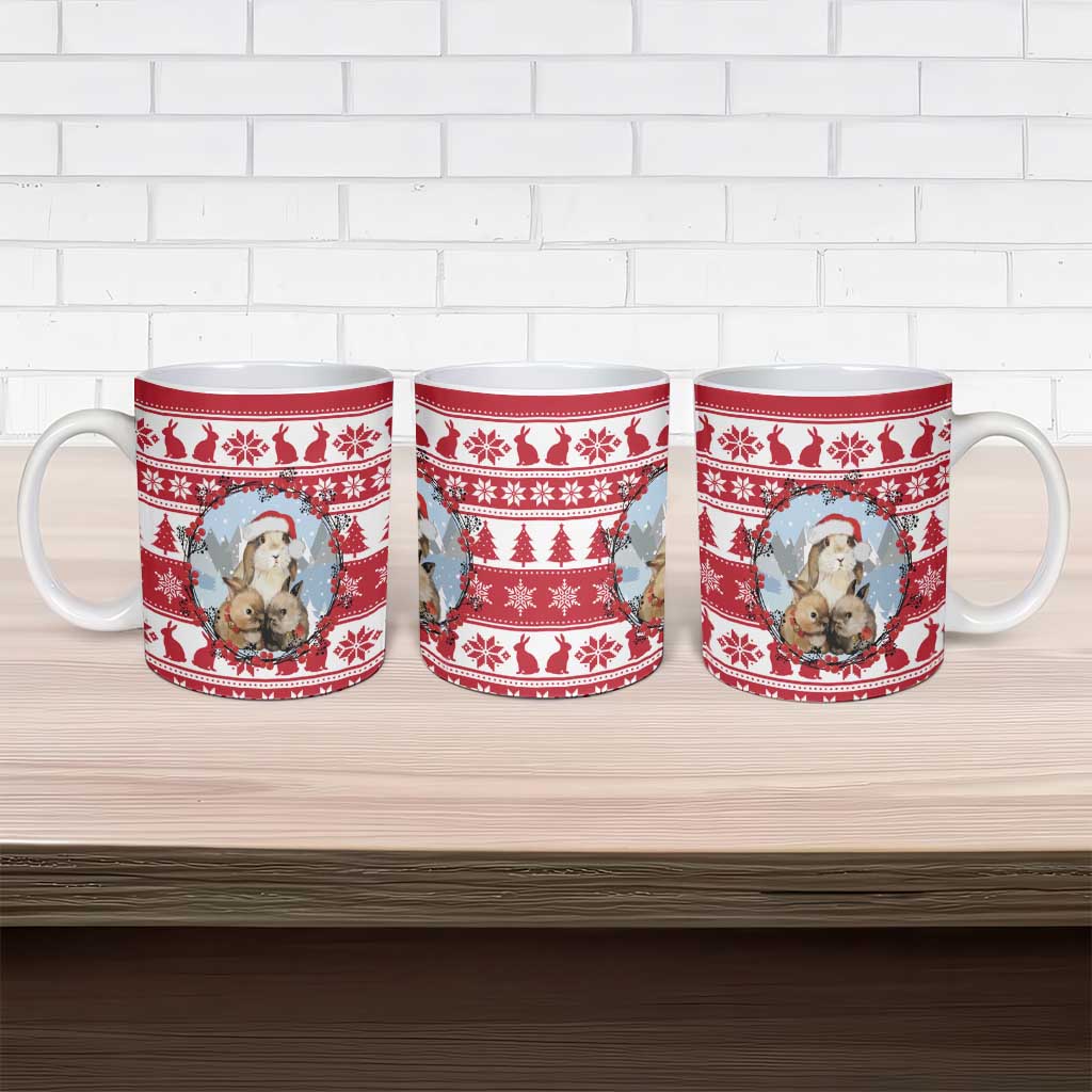 Christmas Santa Bunny Rabbits Ceramic Mug Red White Tree Snowflake Pattern - Wonder Print Shop