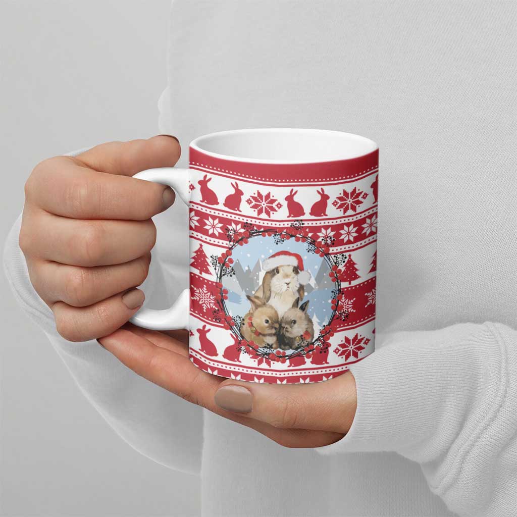 Christmas Santa Bunny Rabbits Ceramic Mug Red White Tree Snowflake Pattern - Wonder Print Shop