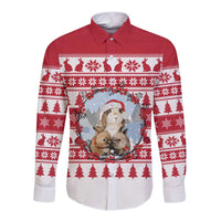 Christmas Santa Bunny Rabbits Long Sleeve Button Shirt Red White Tree Snowflake Pattern - Wonder Print Shop
