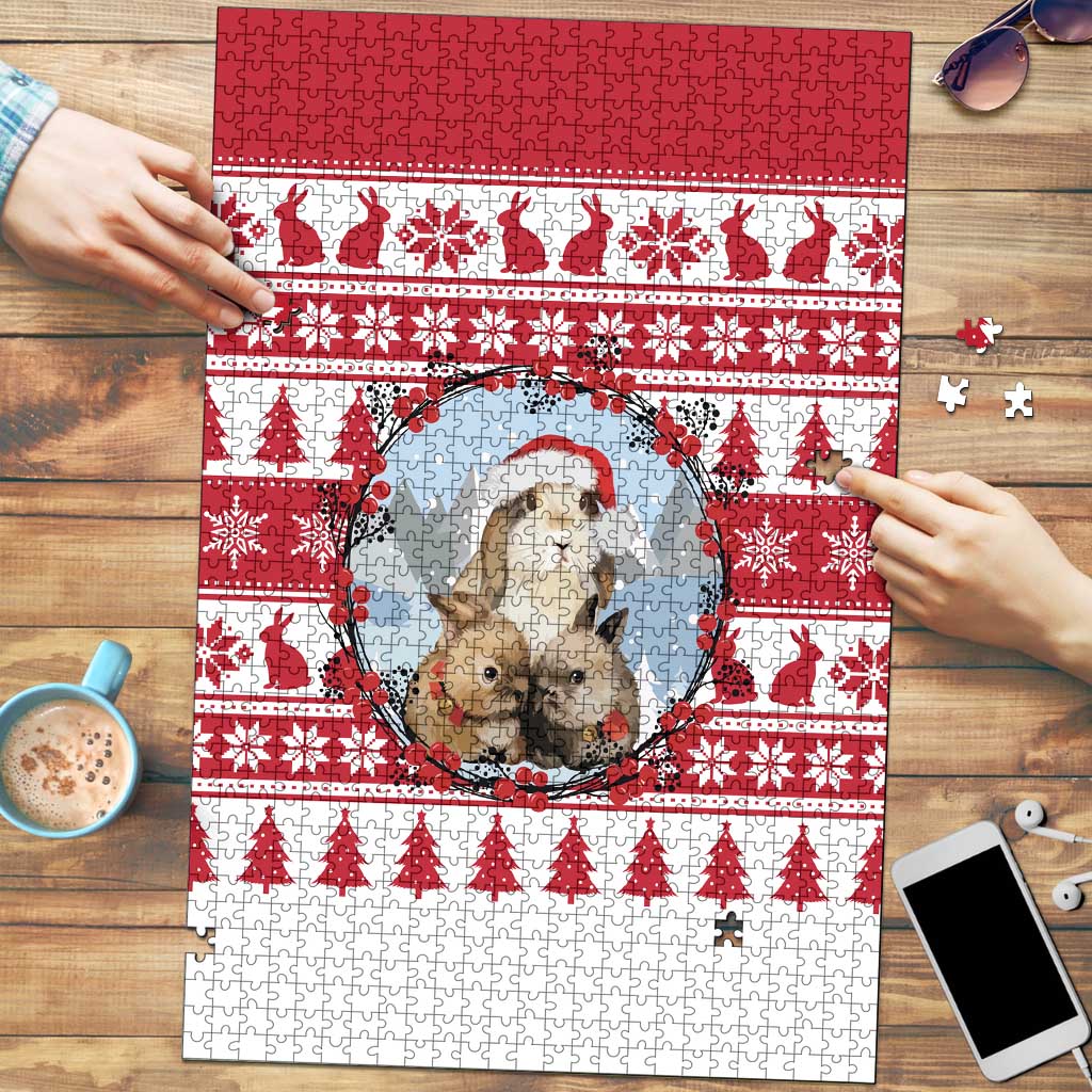 Christmas Santa Bunny Rabbits Puzzle Red White Tree Snowflake Pattern - Wonder Print Shop