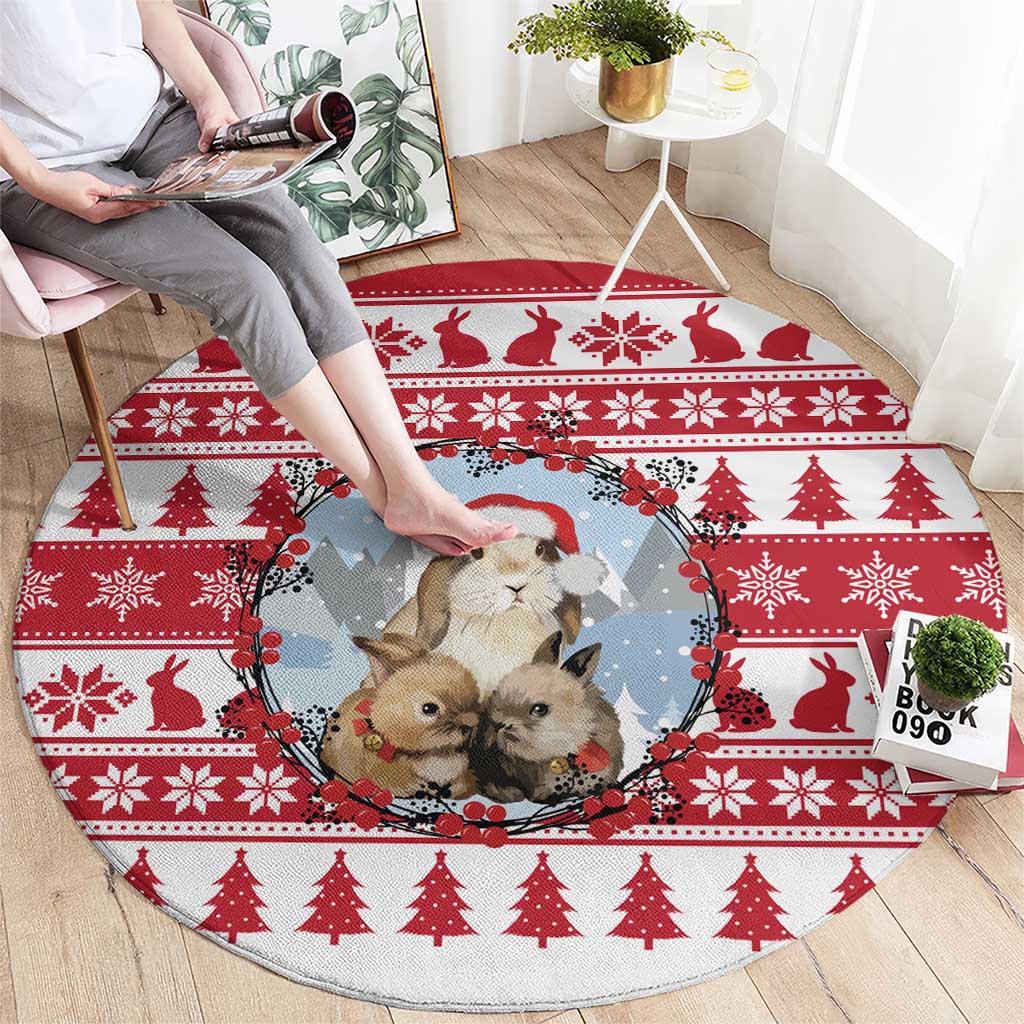 Christmas Santa Bunny Rabbits Round Carpet Red White Tree Snowflake Pattern - Wonder Print Shop