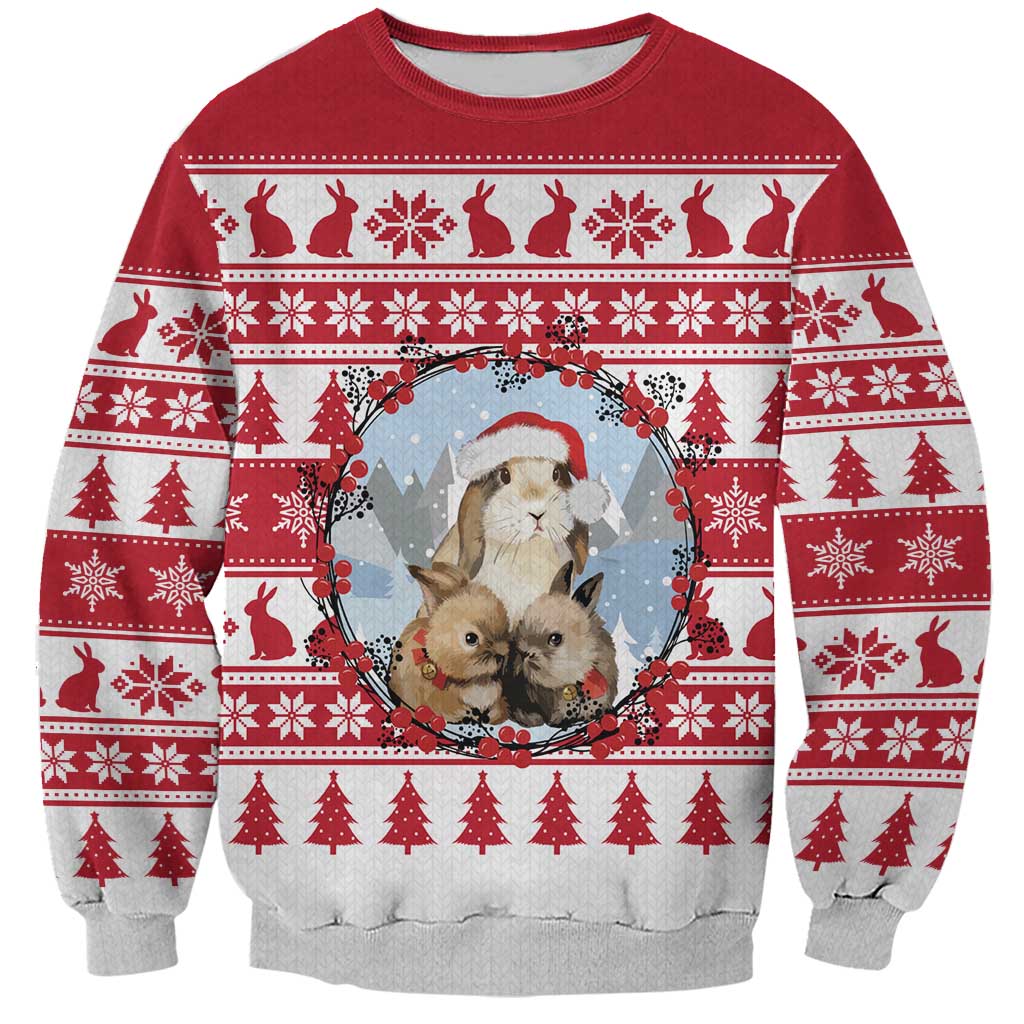 Christmas Santa Bunny Rabbits Sweatshirt Red White Tree Snowflake Pattern - Wonder Print Shop