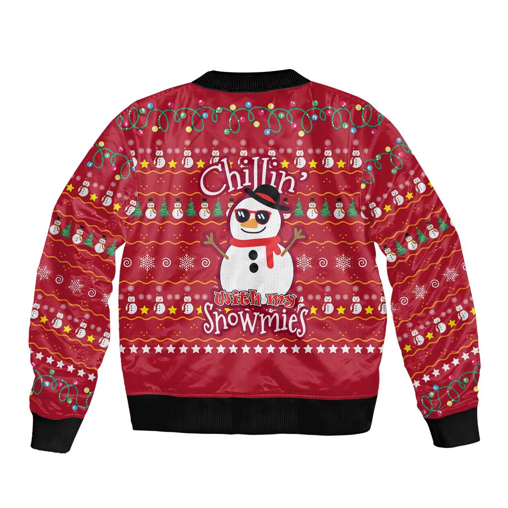 Christmas Chillin With My Snowmies Bomber Jacket Cool Snowman Red Snowflake Light String - Wonder Print Shop